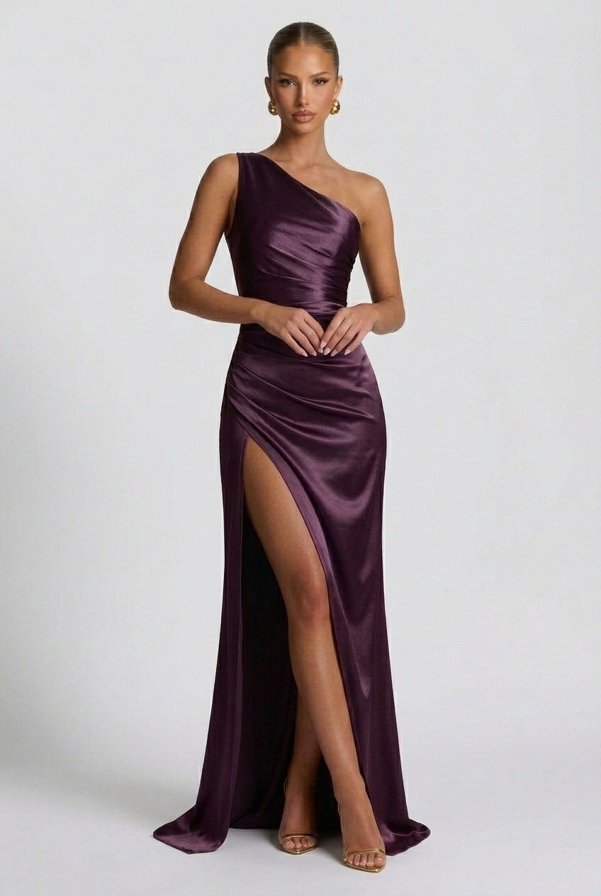 Women's One-Shoulder Satin Maxi Prom Dress with Split