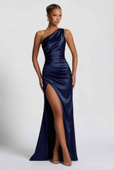 Women's One-Shoulder Satin Maxi Prom Dress with Split