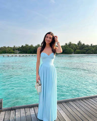 Women's Strapless Pleated Maxi Wedding Guest Dress