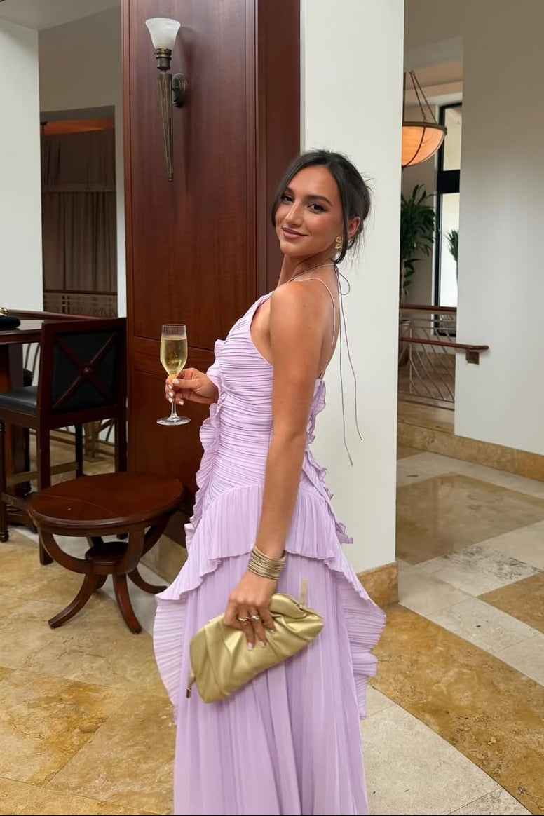 Women's Pleated Ruffled Maxi Wedding Guest Dress