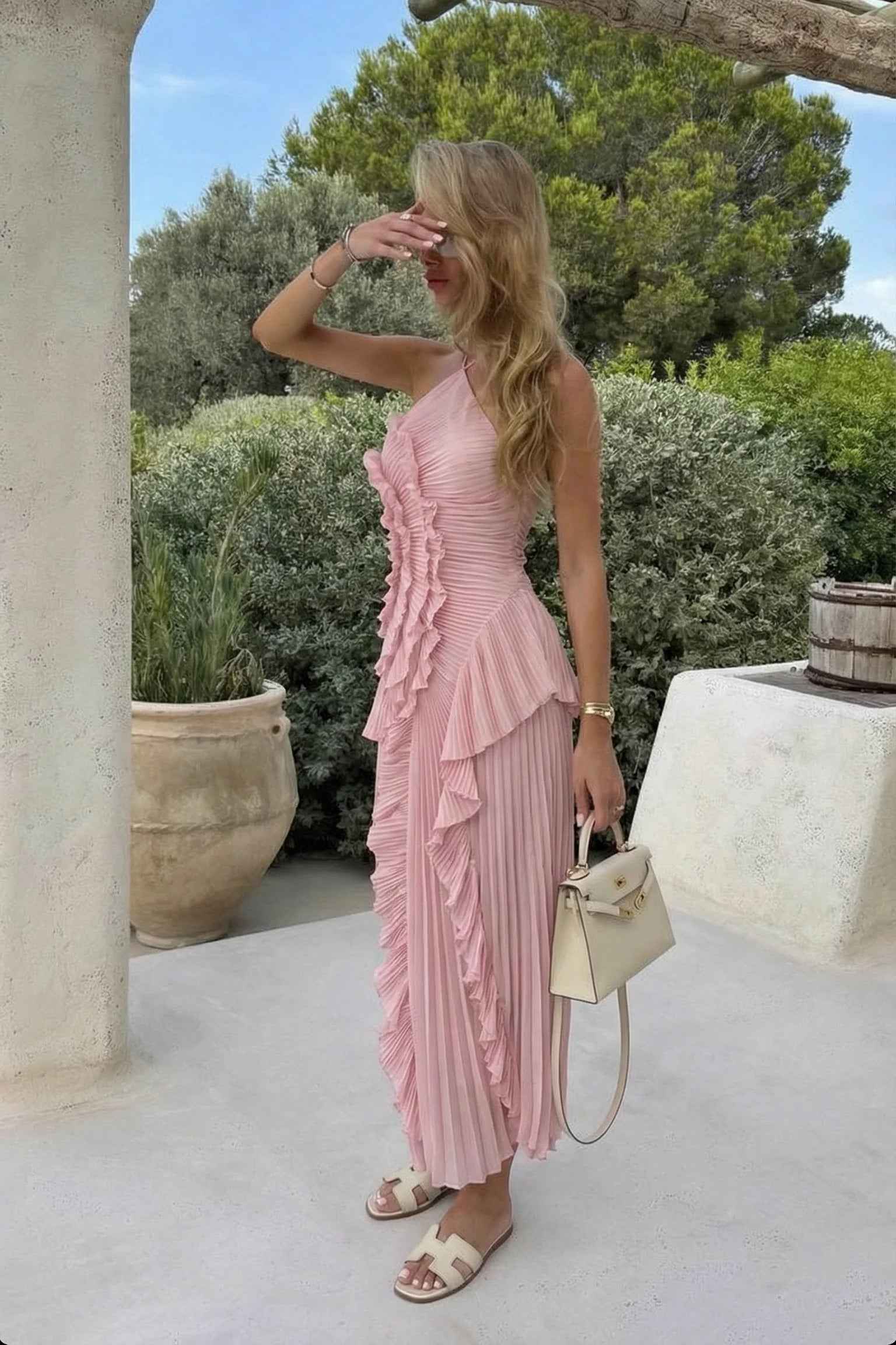 Women's Pleated Ruffled Maxi Wedding Guest Dress