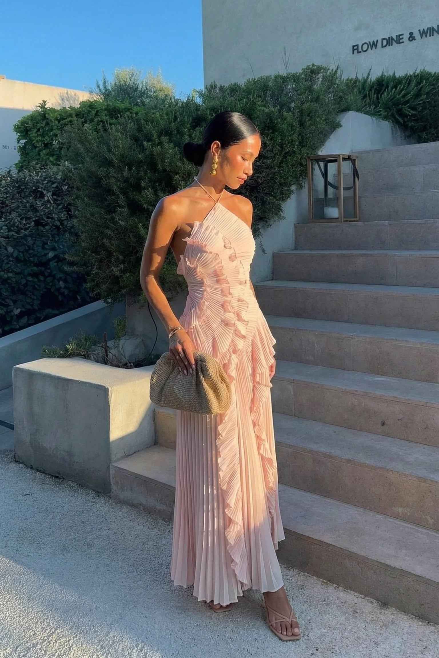 Women's Pleated Ruffled Maxi Wedding Guest Dress