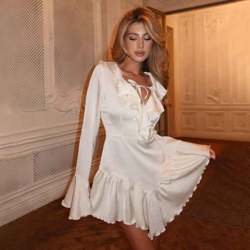 Women's Long Sleeve Ruffled V-Neck Tie-Waist Mini Dress