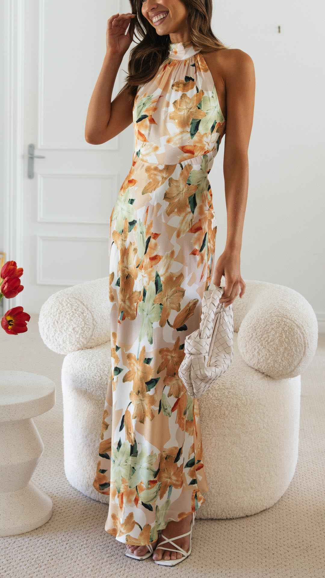 Women's Floral Halter Open Back Maxi Dress