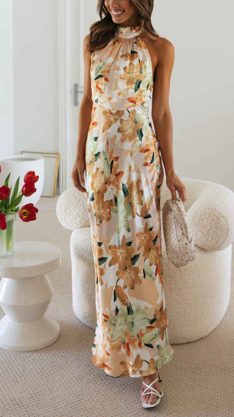 Women's Floral Halter Open Back Maxi Dress