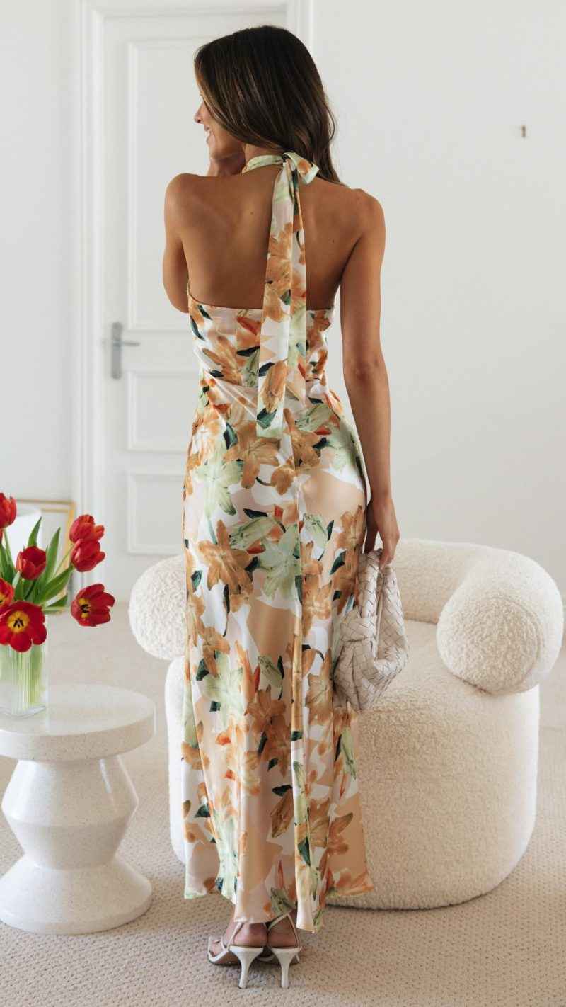Women's Floral Halter Open Back Maxi Dress