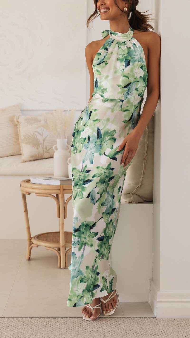 Women's Floral Halter Open Back Maxi Dress