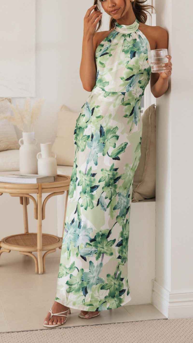 Women's Floral Halter Open Back Maxi Dress