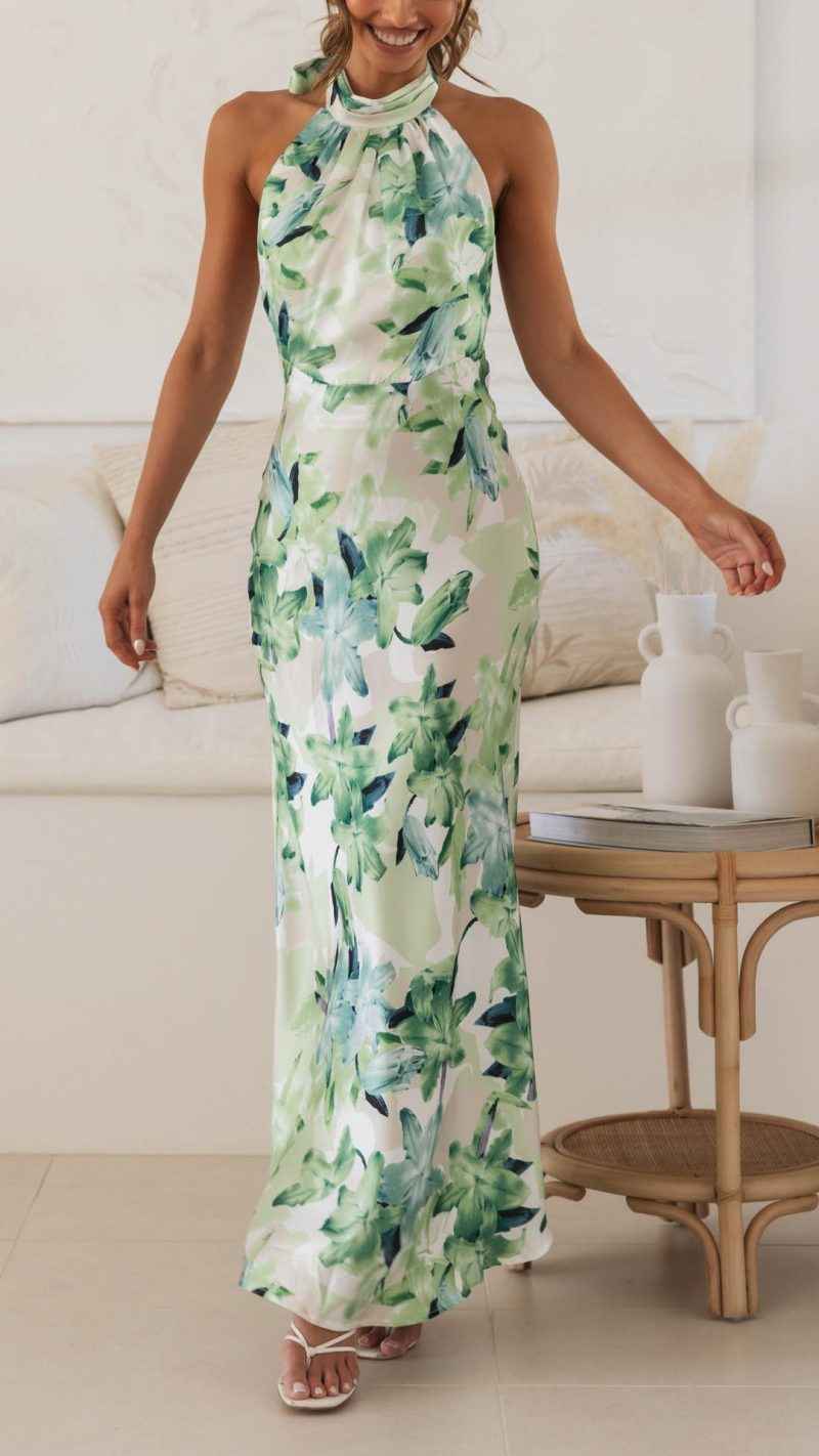 Women's Floral Halter Open Back Maxi Dress