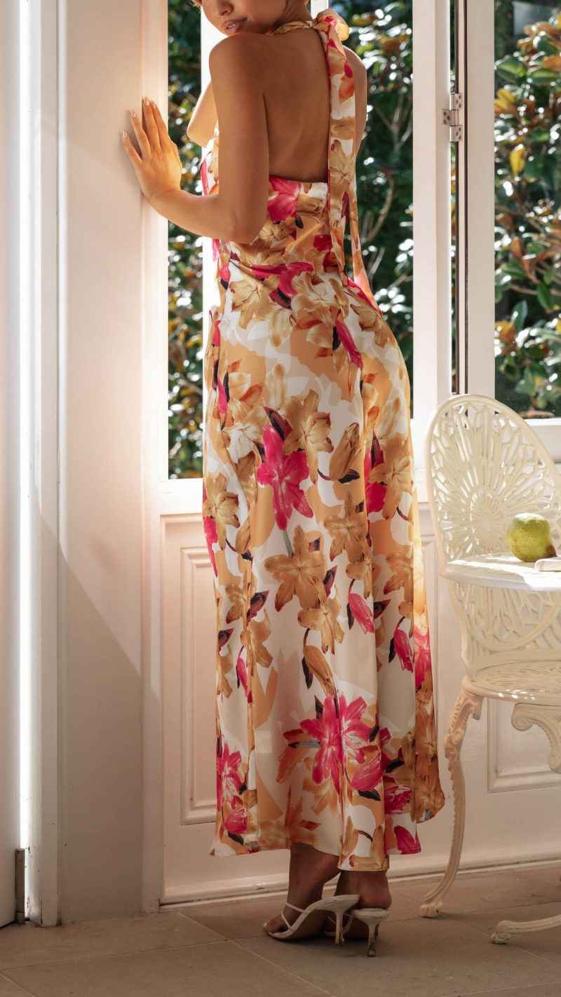 Women's Floral Halter Open Back Maxi Dress