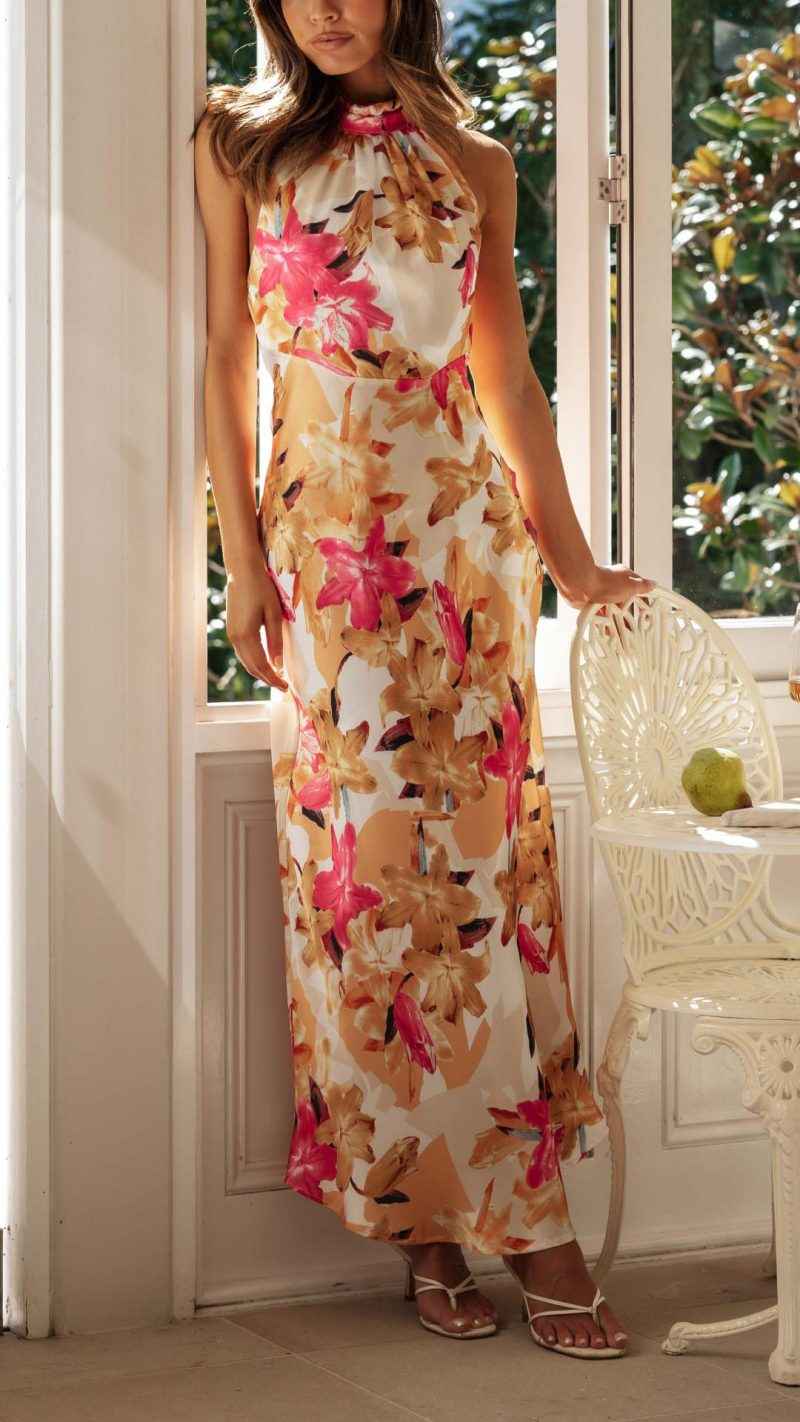 Women's Floral Halter Open Back Maxi Dress