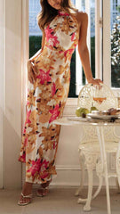 Women's Floral Halter Open Back Maxi Dress