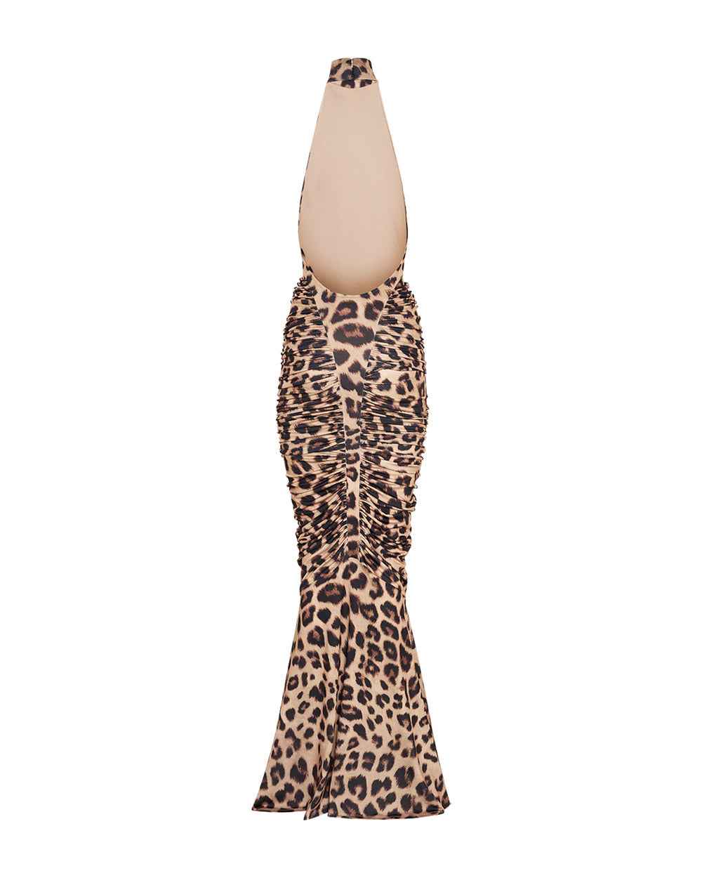 Women's High-Neck Sleeveless Backless Ruched Leopard Maxi Dress