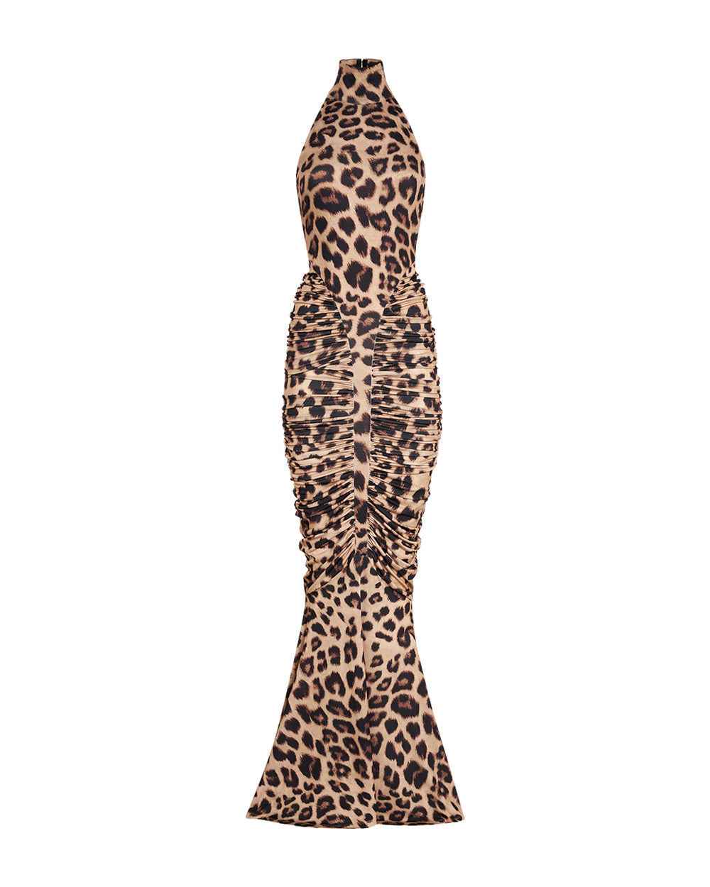 Women's High-Neck Sleeveless Backless Ruched Leopard Maxi Dress