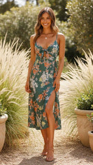 Women's Floral Tie Front Sleeveless Slit Midi Summer Dress