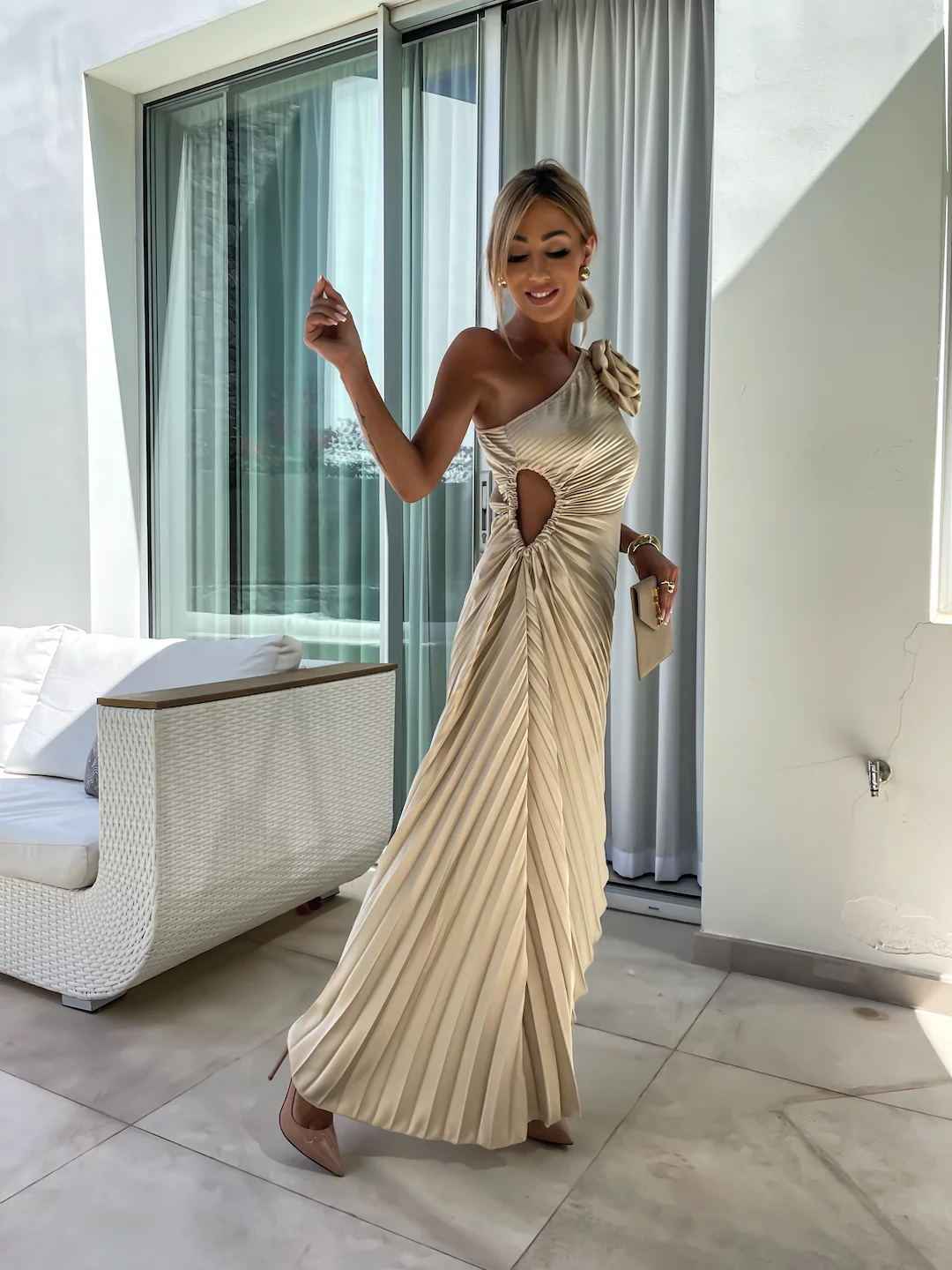 Women's One-Shoulder Pleated Maxi Wedding Guest Dress