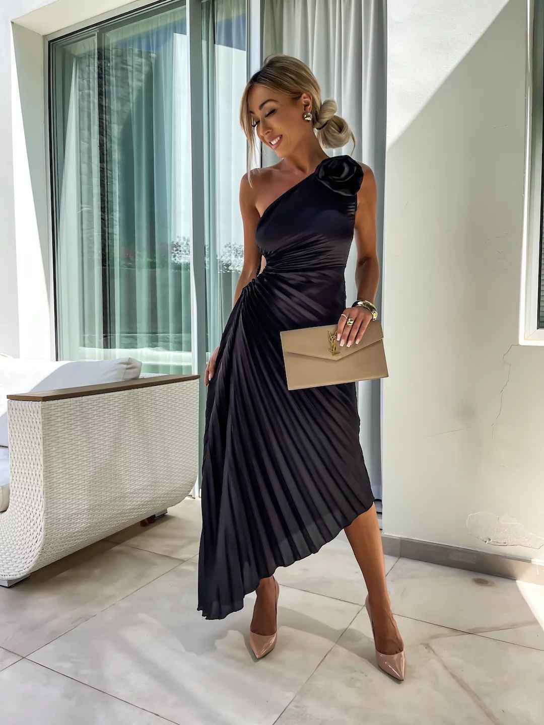 Women's One-Shoulder Pleated Maxi Wedding Guest Dress