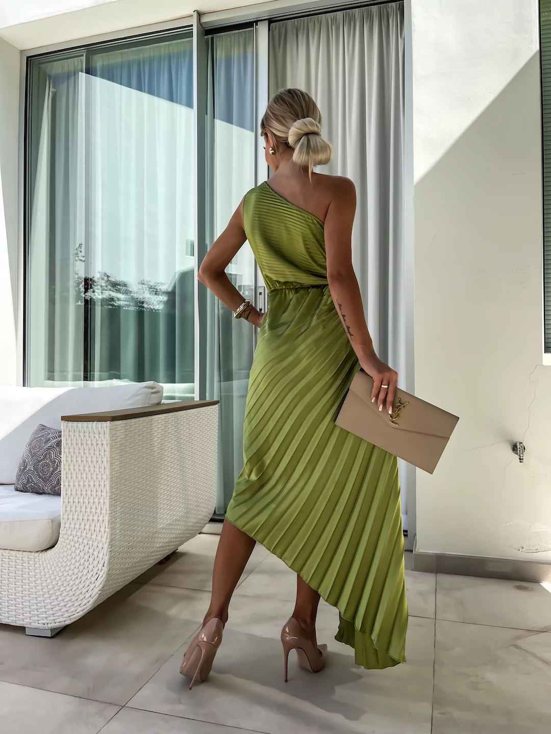 Women's One-Shoulder Pleated Maxi Wedding Guest Dress