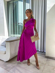 Women's One-Shoulder Pleated Maxi Wedding Guest Dress