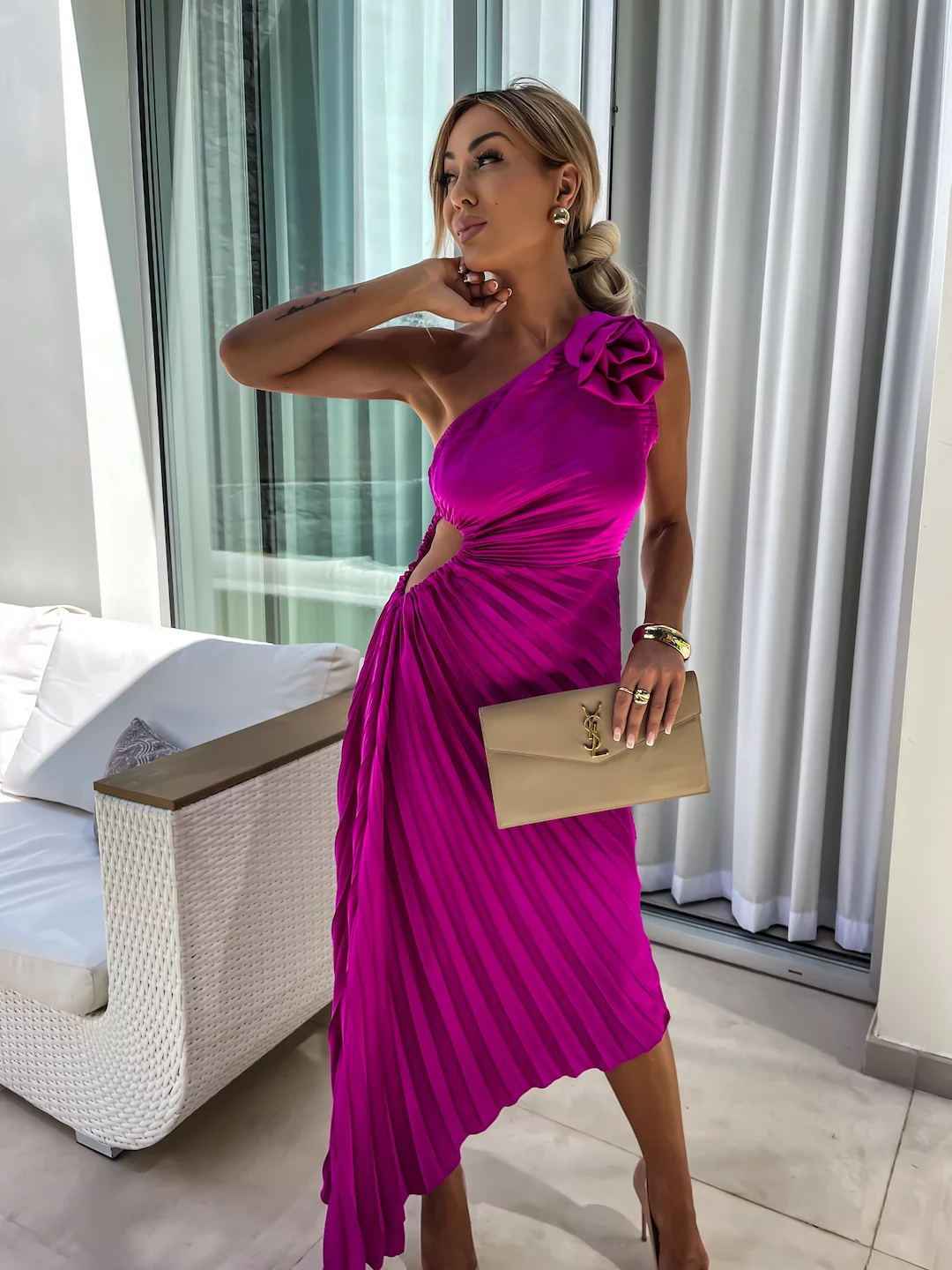 Women's One-Shoulder Pleated Maxi Wedding Guest Dress