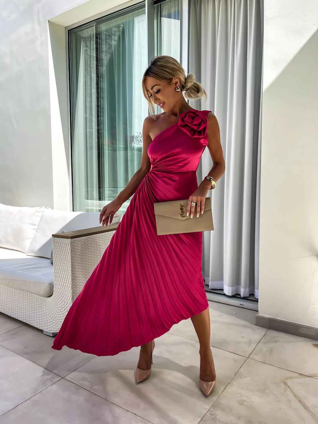 Women's One-Shoulder Pleated Maxi Wedding Guest Dress