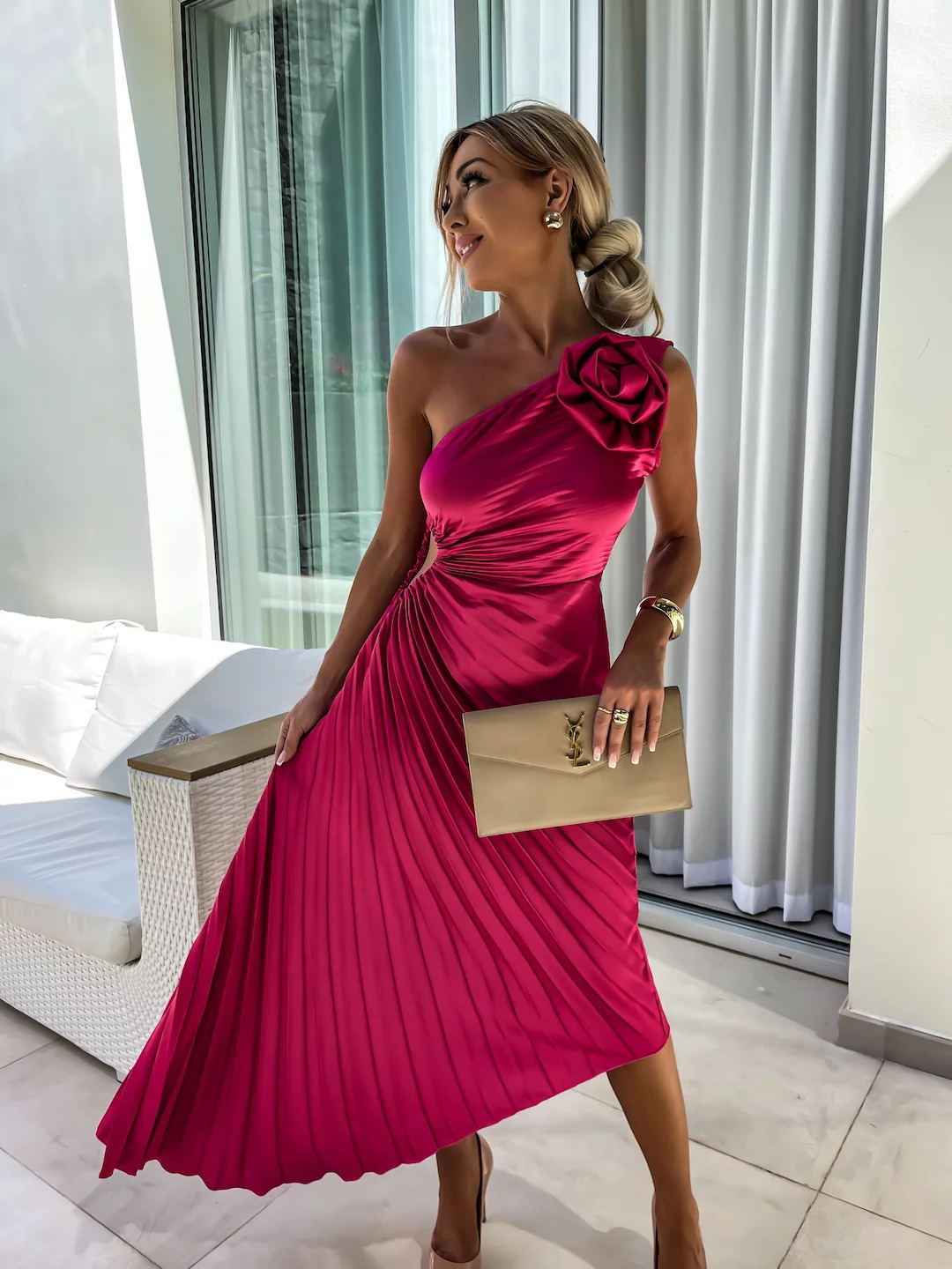 Women's One-Shoulder Pleated Maxi Wedding Guest Dress