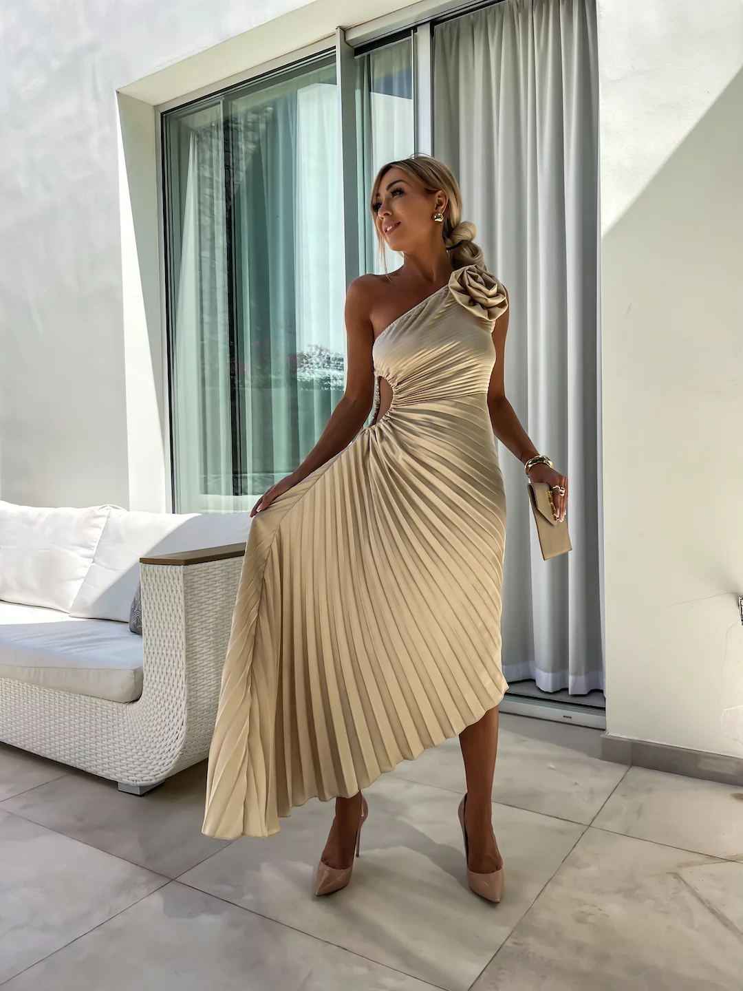 Women's One-Shoulder Pleated Maxi Wedding Guest Dress