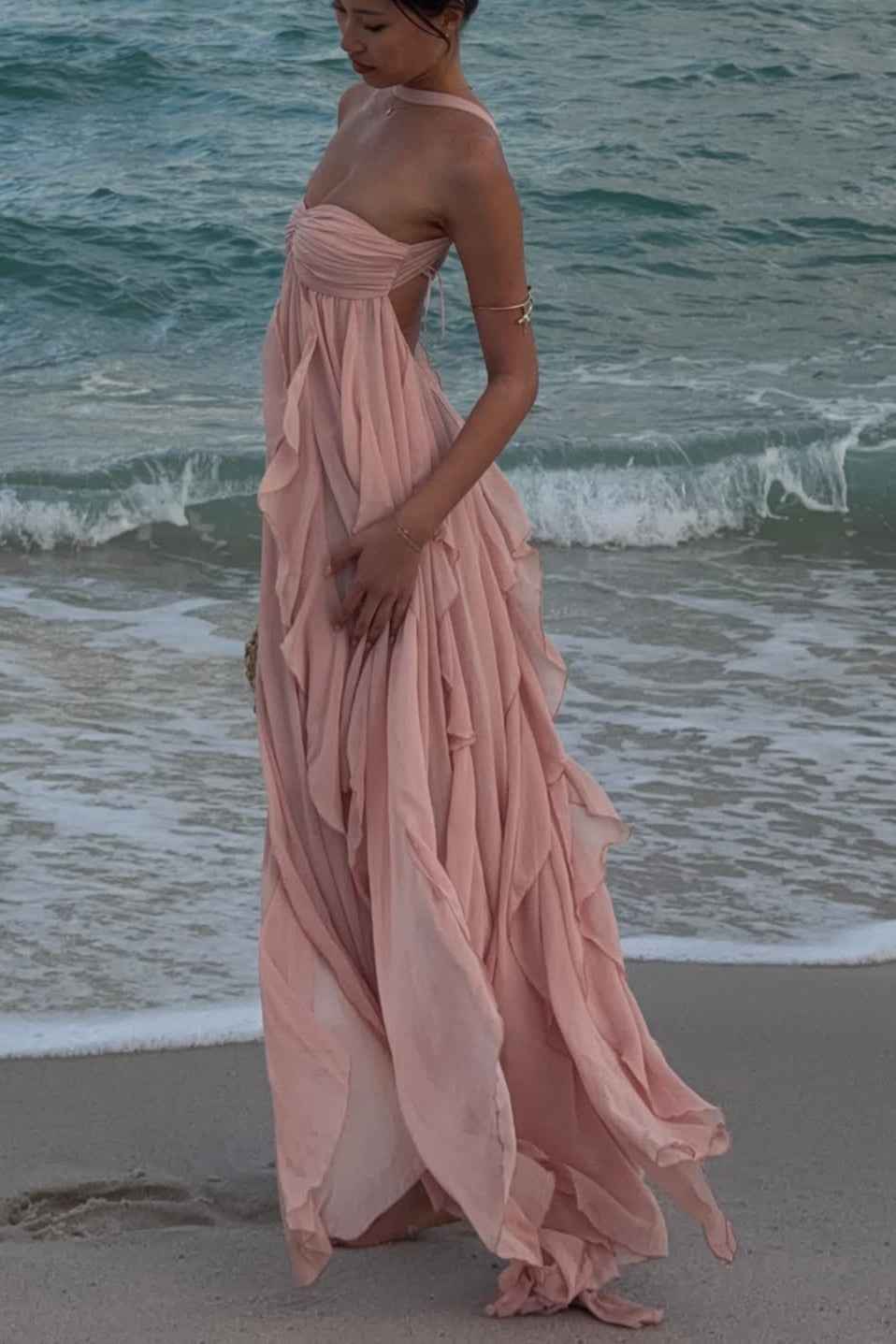 Women's Strapless Ruffled Maxi Wedding Guest Dress