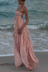 Women's Strapless Ruffled Maxi Wedding Guest Dress