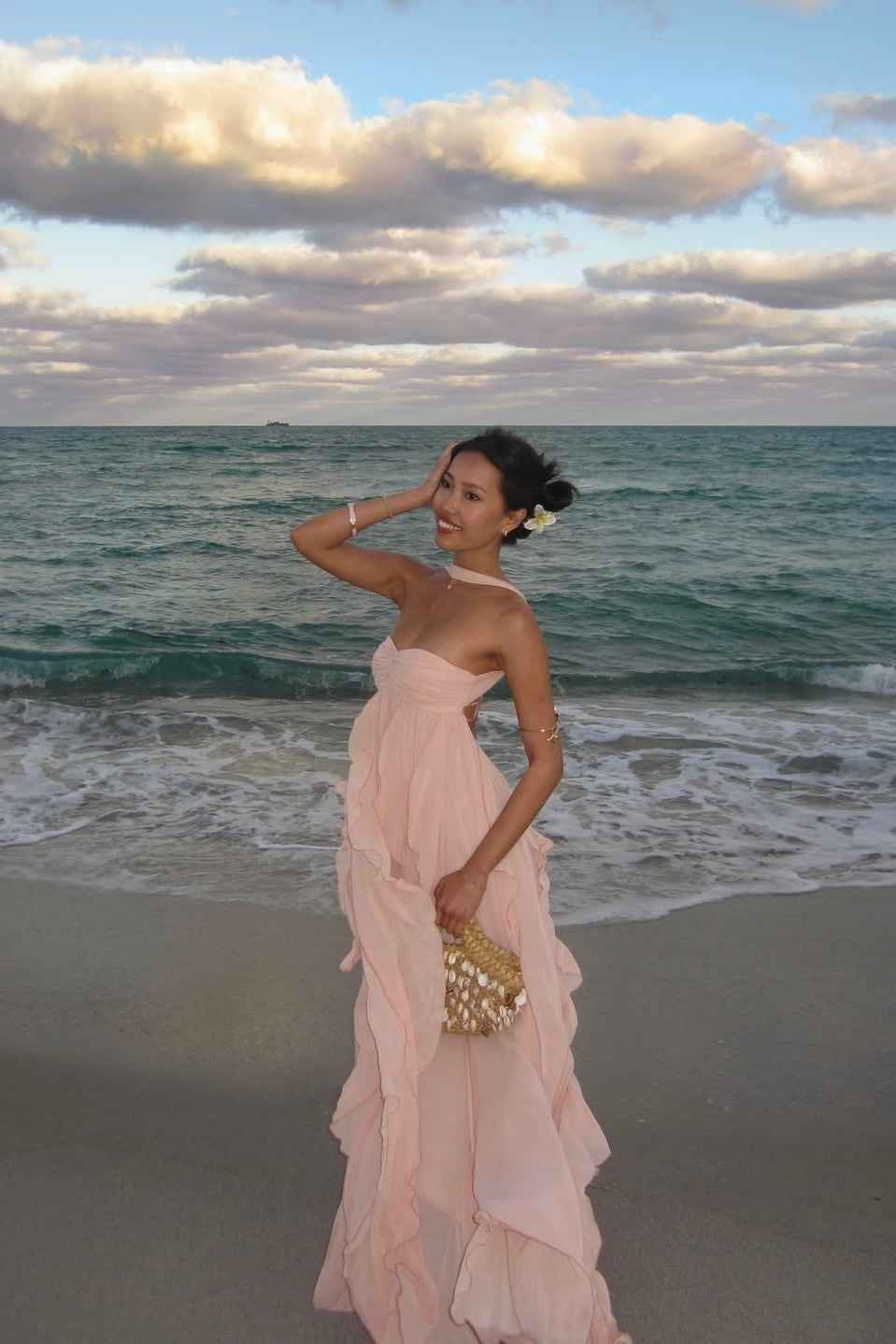 Women's Strapless Ruffled Maxi Wedding Guest Dress