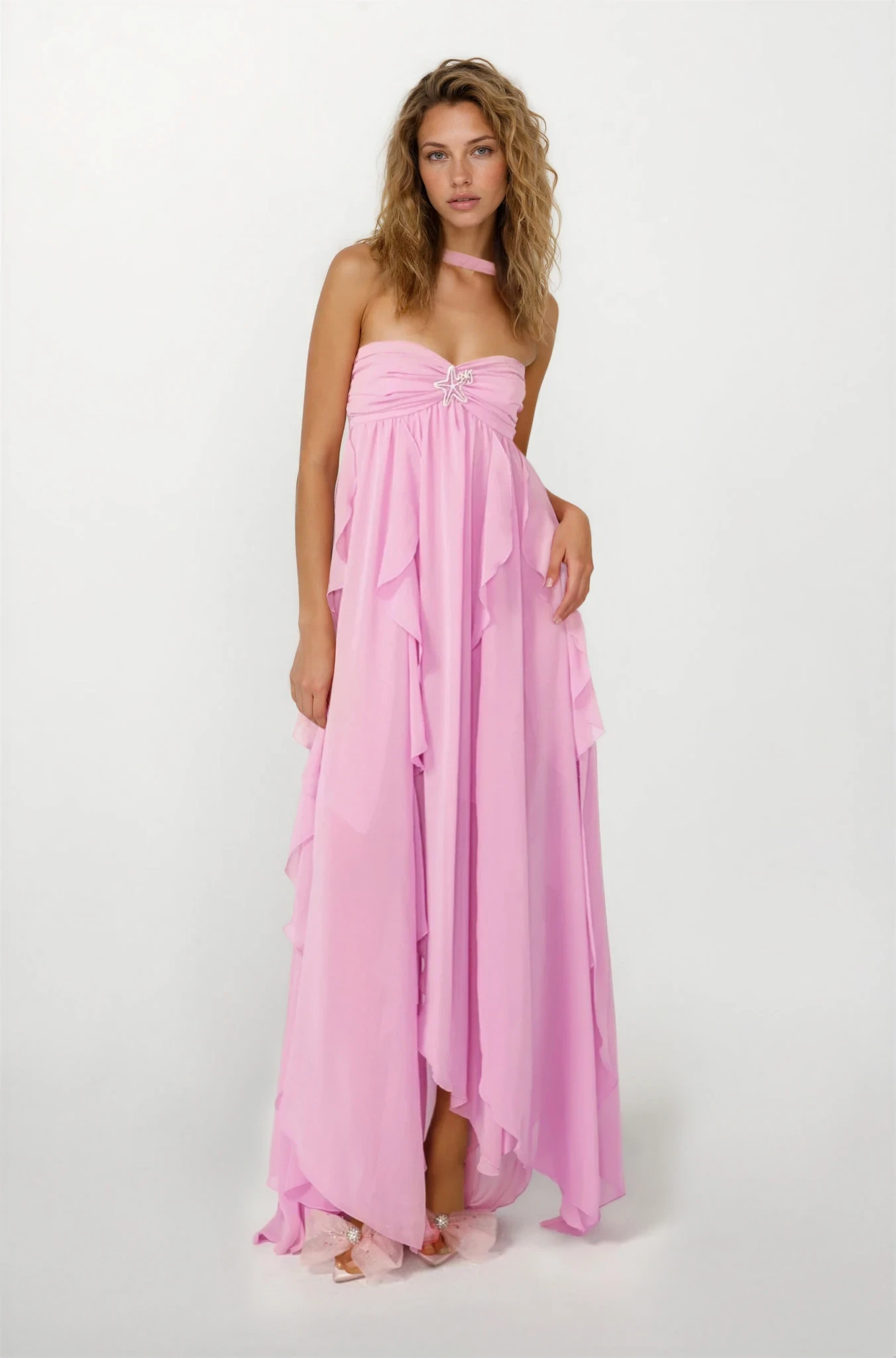 Women's Strapless Ruffled Maxi Wedding Guest Dress