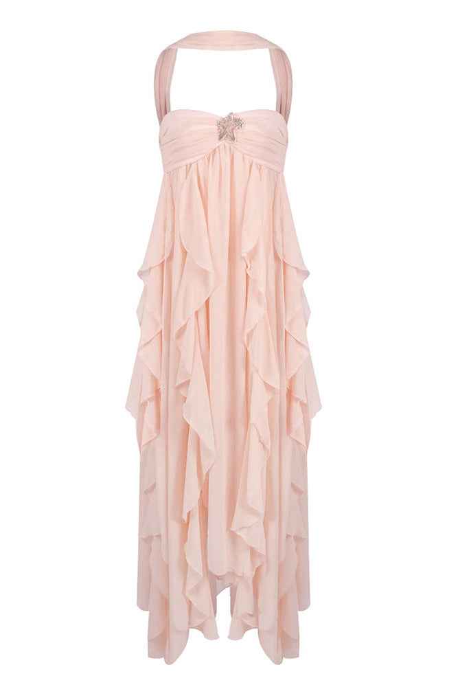 Women's Strapless Ruffled Maxi Wedding Guest Dress