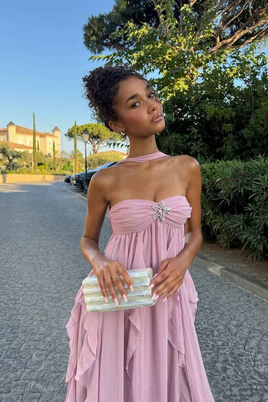 Women's Strapless Ruffled Maxi Wedding Guest Dress
