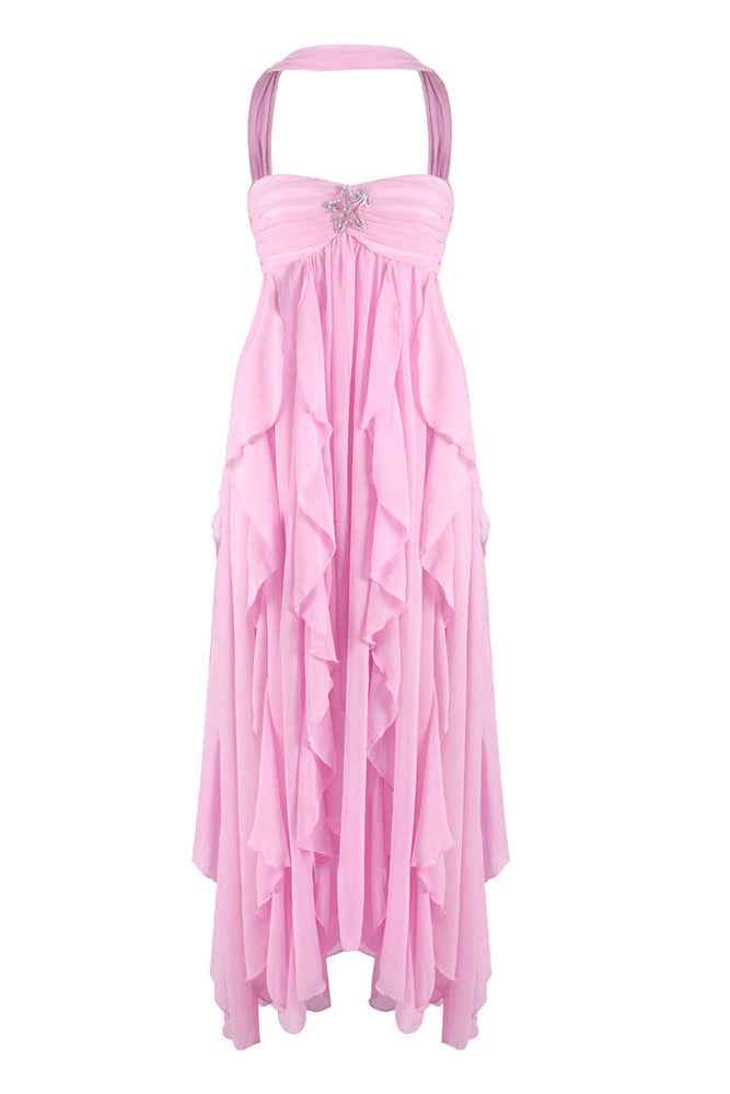 Women's Strapless Ruffled Maxi Wedding Guest Dress