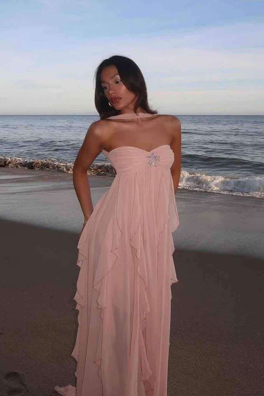 Women's Strapless Ruffled Maxi Wedding Guest Dress