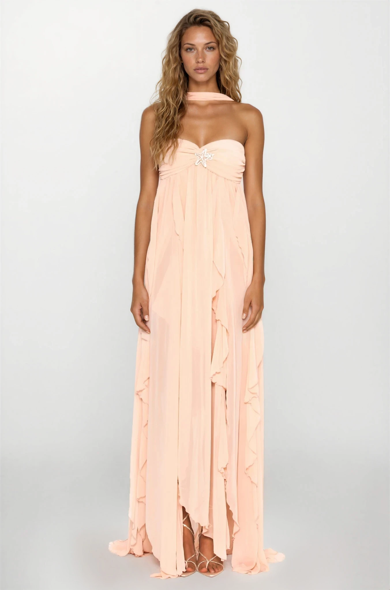 Women's Strapless Ruffled Maxi Wedding Guest Dress