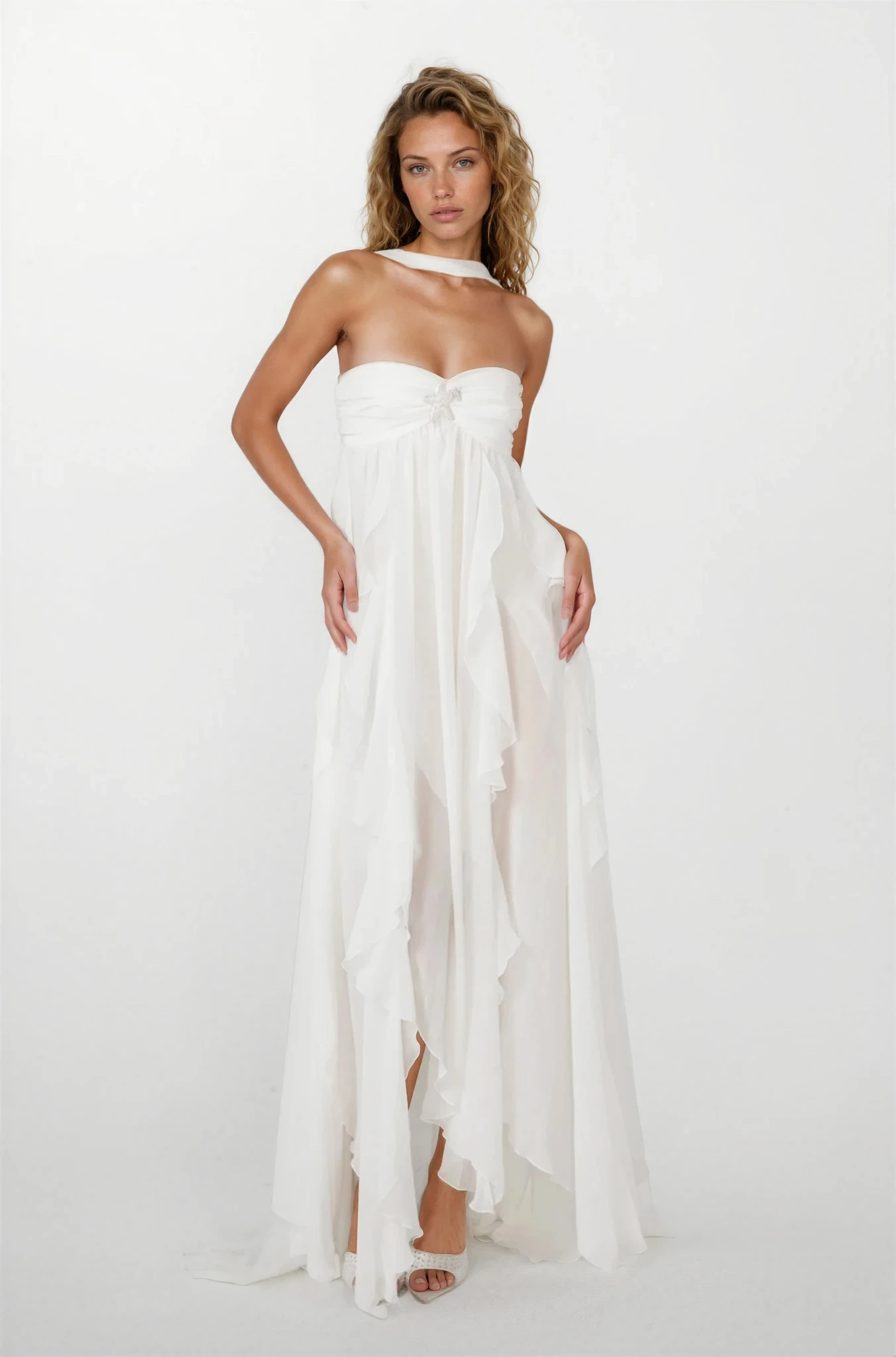 Women's Strapless Ruffled Maxi Wedding Guest Dress