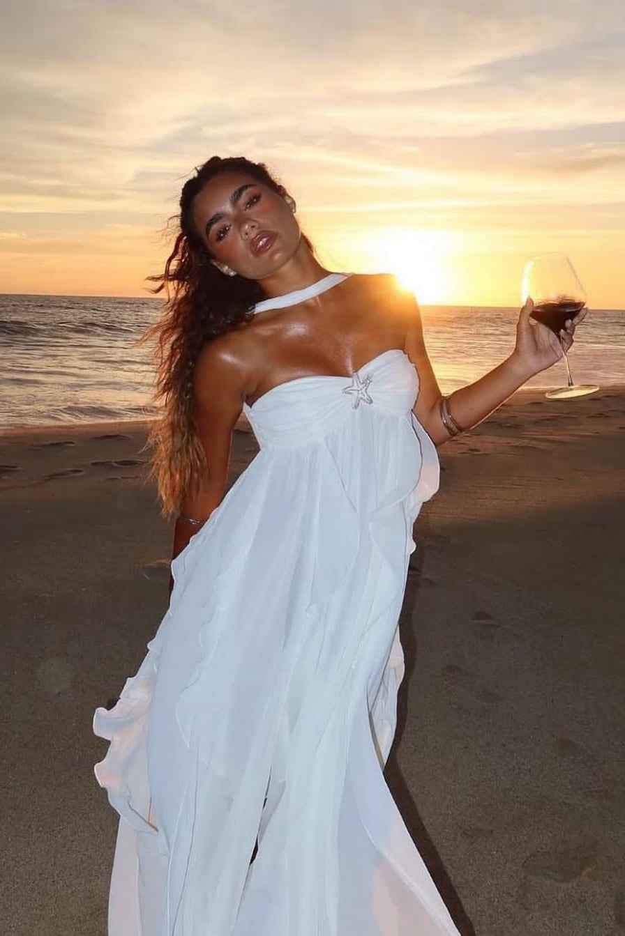Women's Strapless Ruffled Maxi Wedding Guest Dress