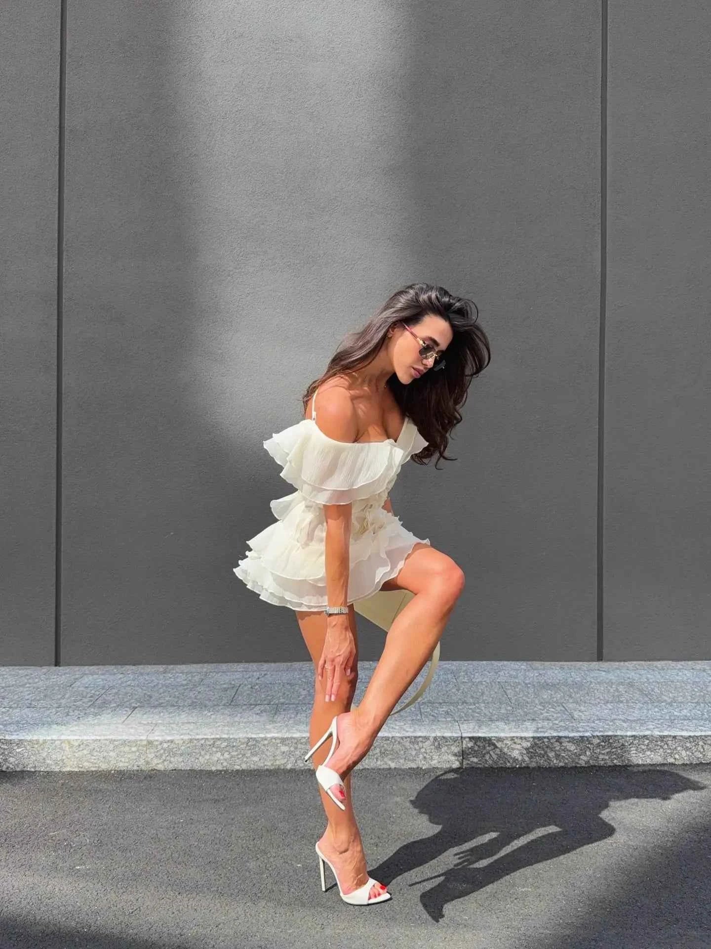 Women's V-Neck Off-Shoulder Ruffled Mini Summer Dress
