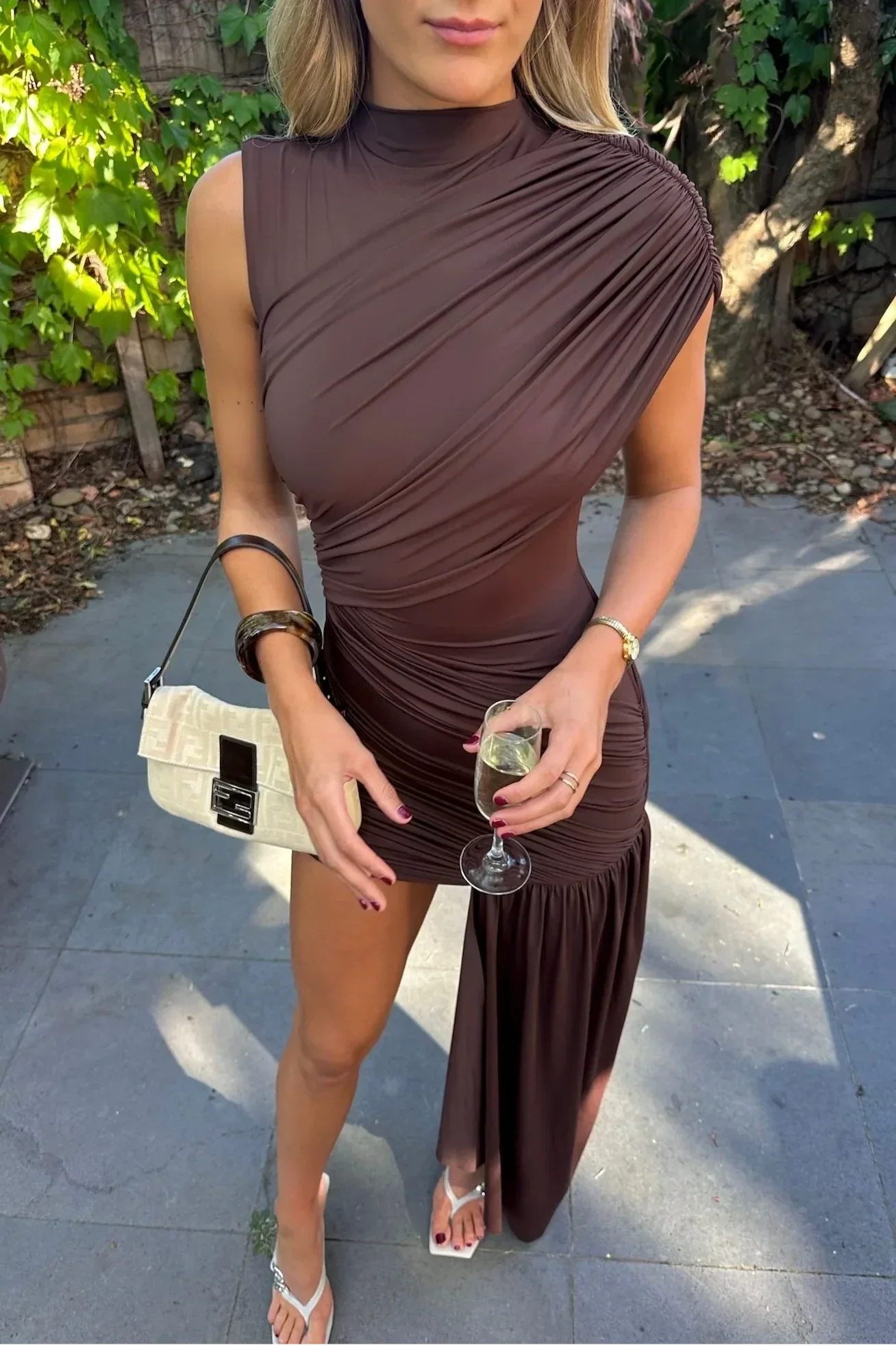 Women's High Neck Ruched Draped Mini Cocktail Dress