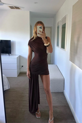 Women's High Neck Ruched Draped Mini Cocktail Dress
