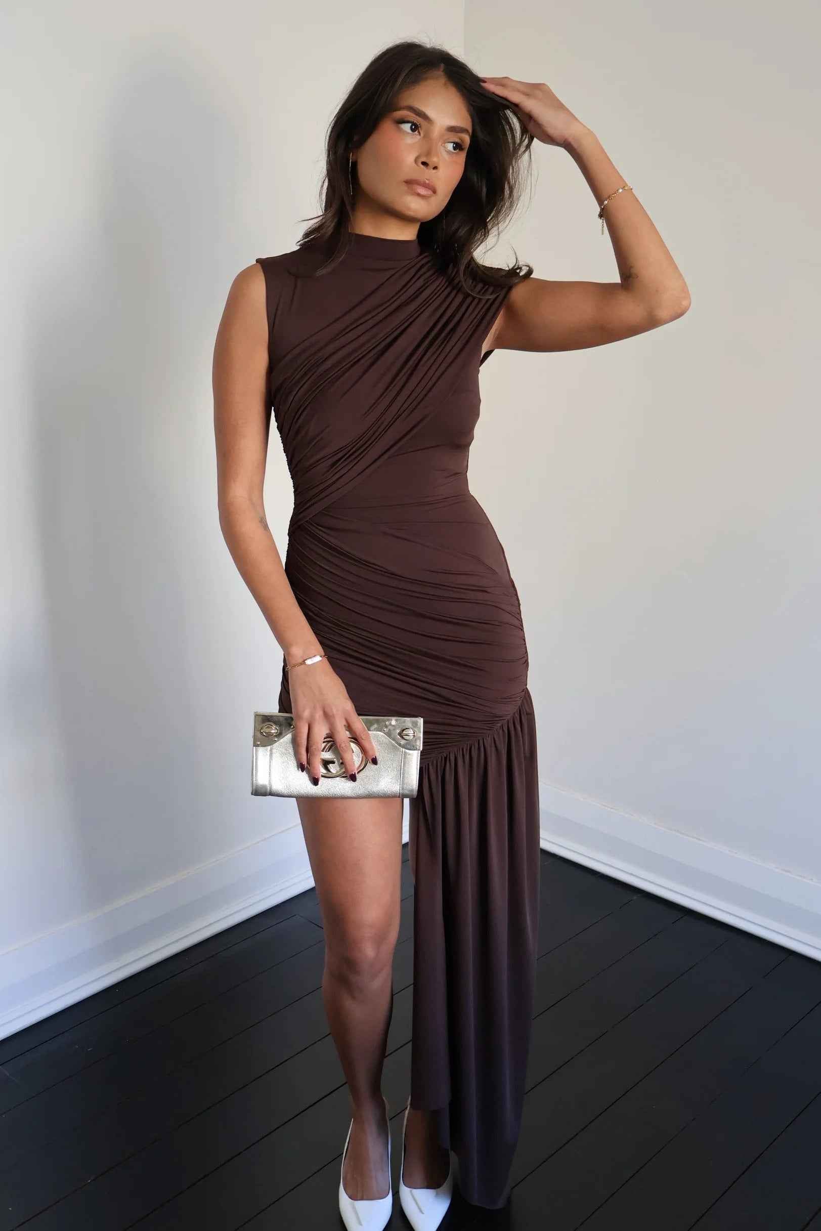Women's High Neck Ruched Draped Mini Cocktail Dress