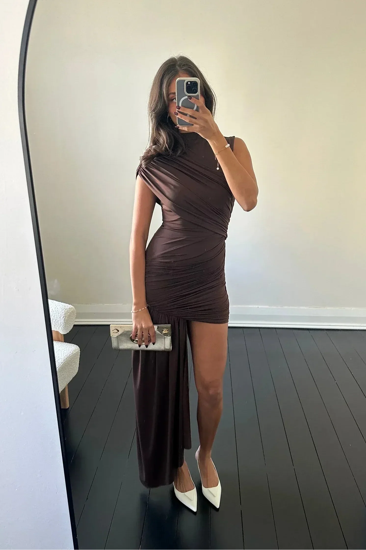 Women's High Neck Ruched Draped Mini Cocktail Dress