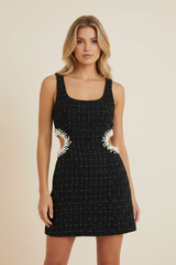 Women's Sleeveless Pearl Cut-Out Mini Tweed Dress