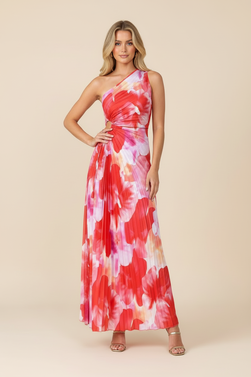 Women's One-Shoulder Floral Pleated Maxi Wedding Guest Dress