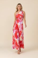 Women's One-Shoulder Floral Pleated Maxi Wedding Guest Dress