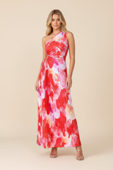 Women's One-Shoulder Floral Pleated Maxi Wedding Guest Dress