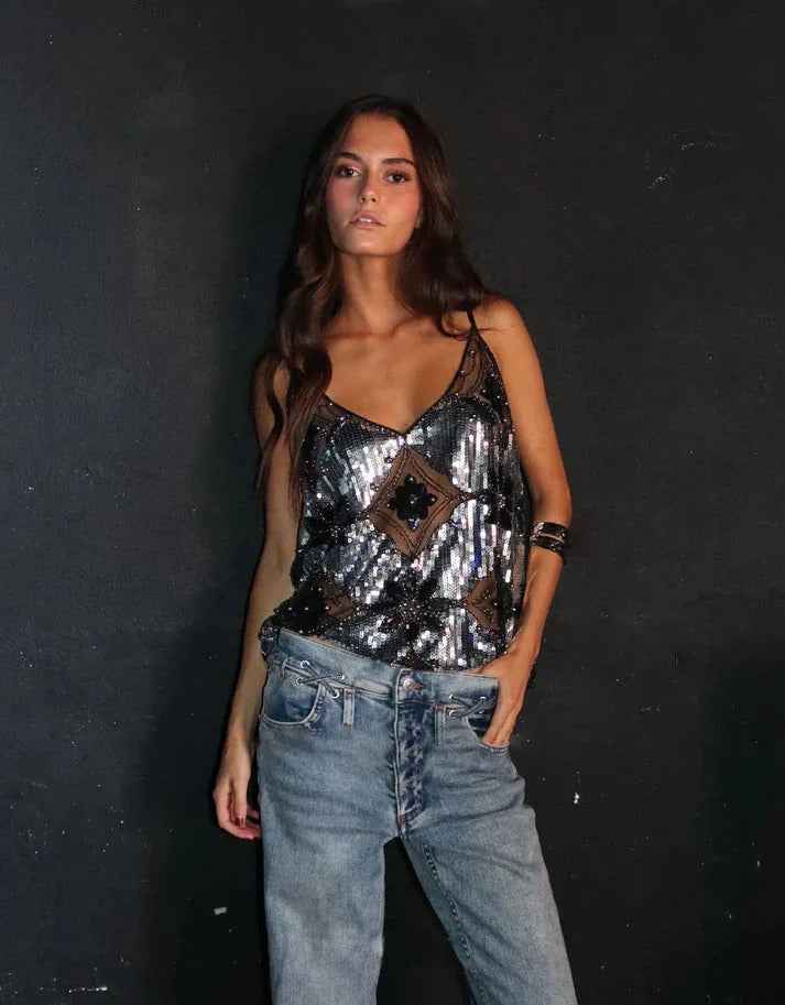 Women's Sleeveless Sequin Glitter Festival Party Top