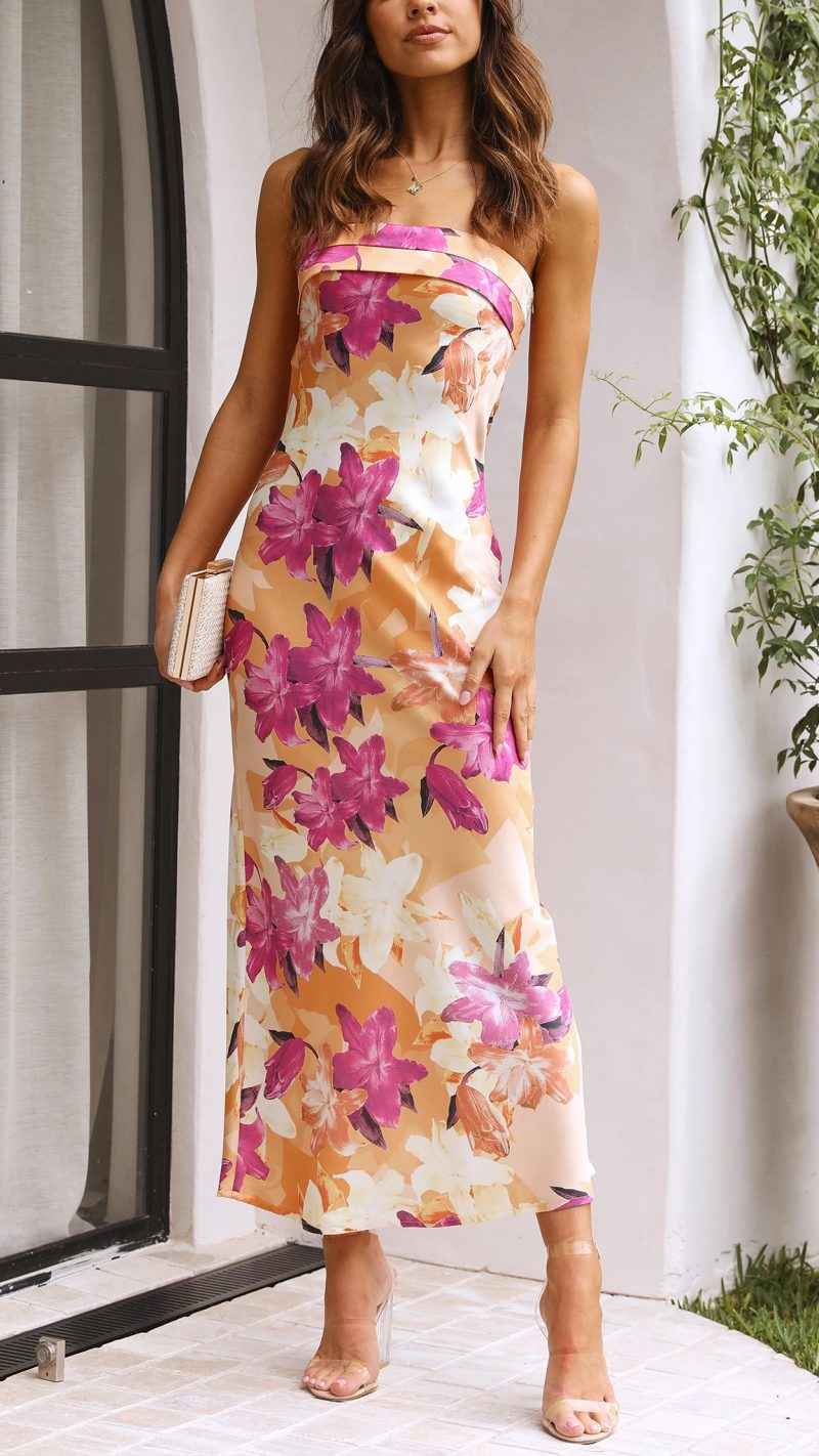Women's Floral Strapless Maxi Wedding Guest Dress