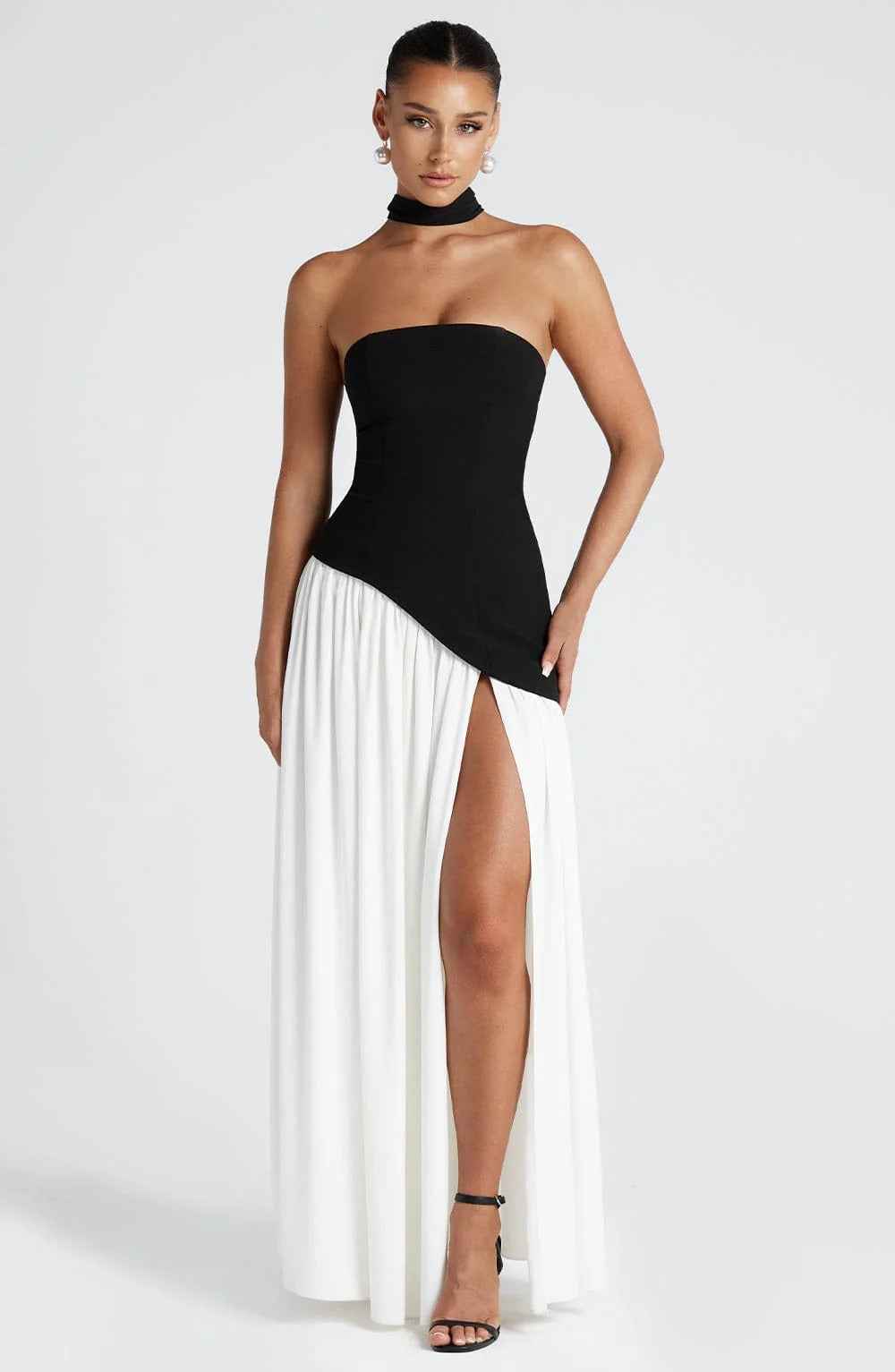 Women's Strapless Maxi Wedding Guest Dress with Scarf